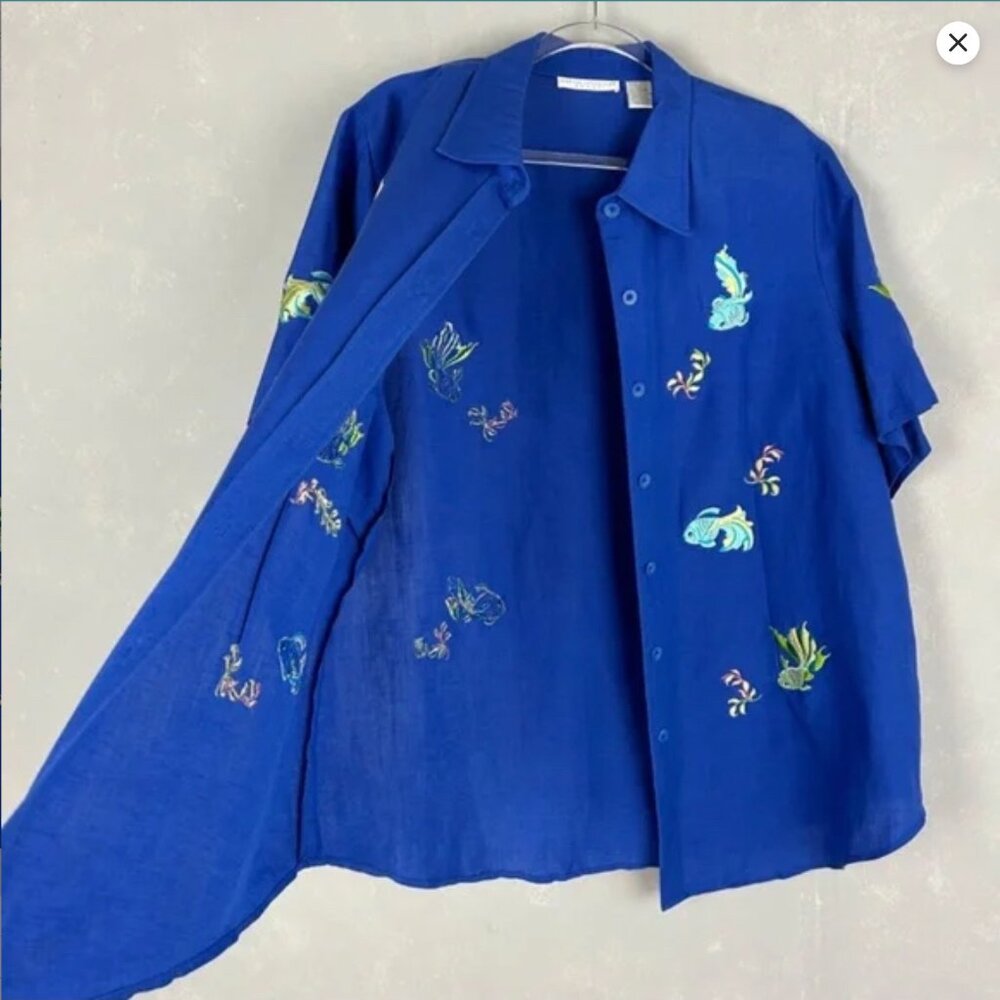 Vintage Sarah Spencer size 20W button down shirt embroidered fish blue linen - Picture 3 of 8